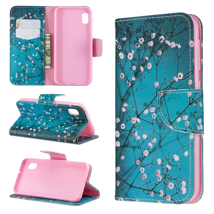 Estilo de Impresión PU Cuero Flip Stand Case de Teléfono Para Samsung Galaxy A10e - Árbol Con Flores