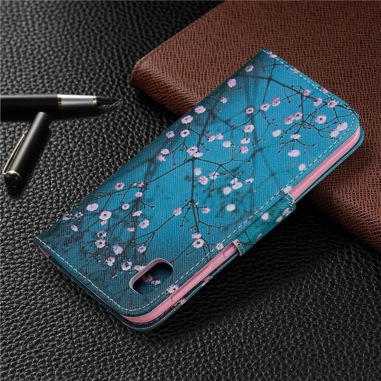 Estilo de Impresión PU Cuero Flip Stand Case de Teléfono Para Samsung Galaxy A10e - Árbol Con Flores