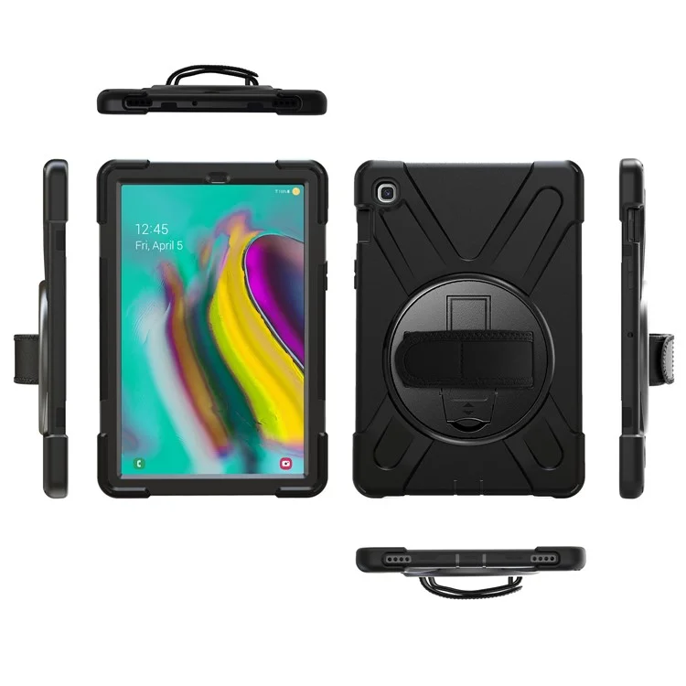 Para Samsung Galaxy Tab S5e SM-T720 X-shape 360 Graus de Kickstand PC + Tampa de Comprimido de Silicone Com Alça de Mão - Preto