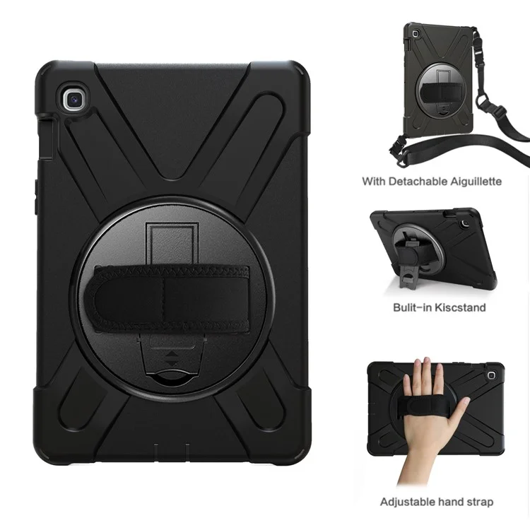 PC Pivotant PC Pivotant à 360 Degrés x + Coque de Kickstand Combo Silicone Avec Sangle de Porte-main et Sangle D'épaule Pour Samsung Galaxy Tab S5e SM-T720 - le Noir