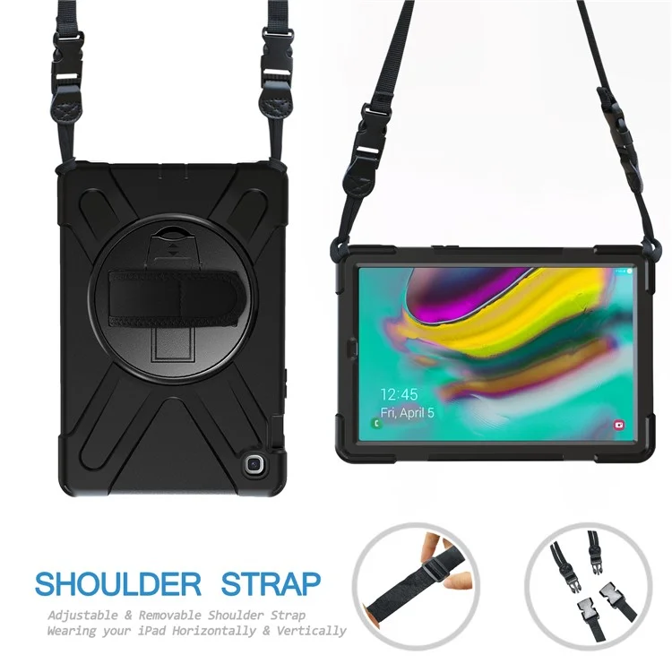 PC Pivotant PC Pivotant à 360 Degrés x + Coque de Kickstand Combo Silicone Avec Sangle de Porte-main et Sangle D'épaule Pour Samsung Galaxy Tab S5e SM-T720 - le Noir