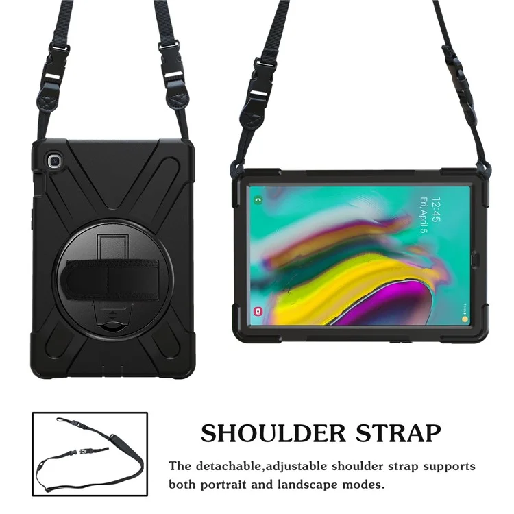 PC Pivotant PC Pivotant à 360 Degrés x + Coque de Kickstand Combo Silicone Avec Sangle de Porte-main et Sangle D'épaule Pour Samsung Galaxy Tab S5e SM-T720 - le Noir