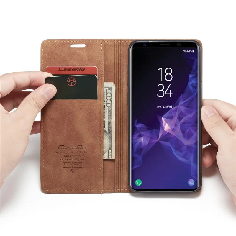 CASEME 013 Series Auto-absorbed Leather Wallet Phone Case for Samsung Galaxy S9+ - Brown