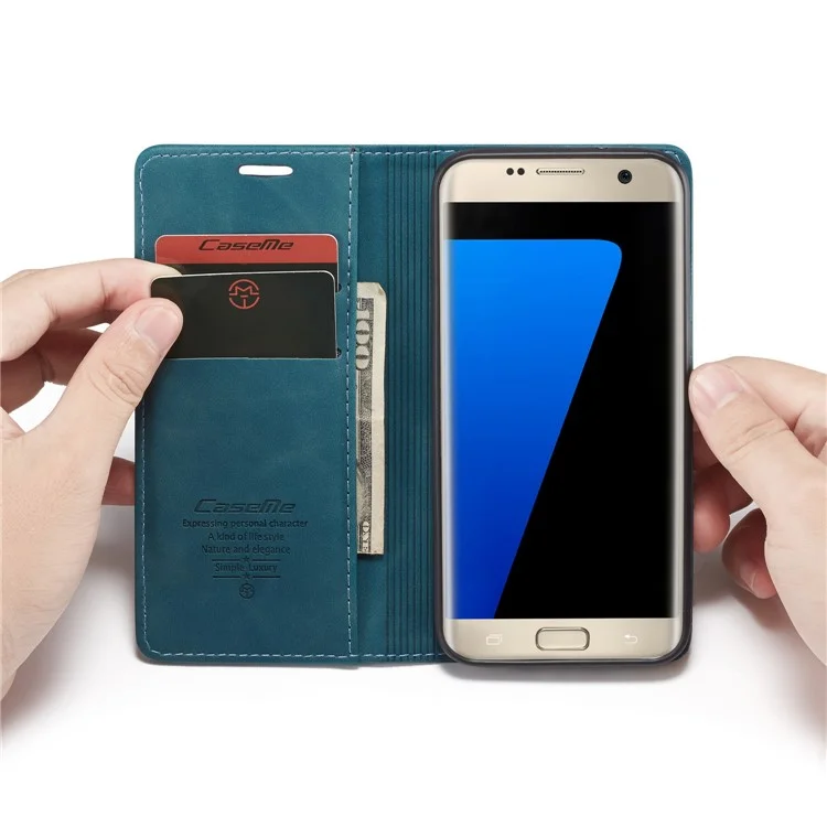 CASEME 013 Series Auto-absorbed Leather Wallet Stand Casing for Samsung Galaxy S7 edge G935 - Blue