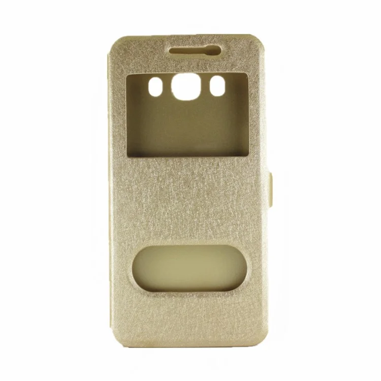 For Samsung Galaxy J7 (2016) Silk Texture Dual View Windows Leather Stand Flip Phone Case - Gold