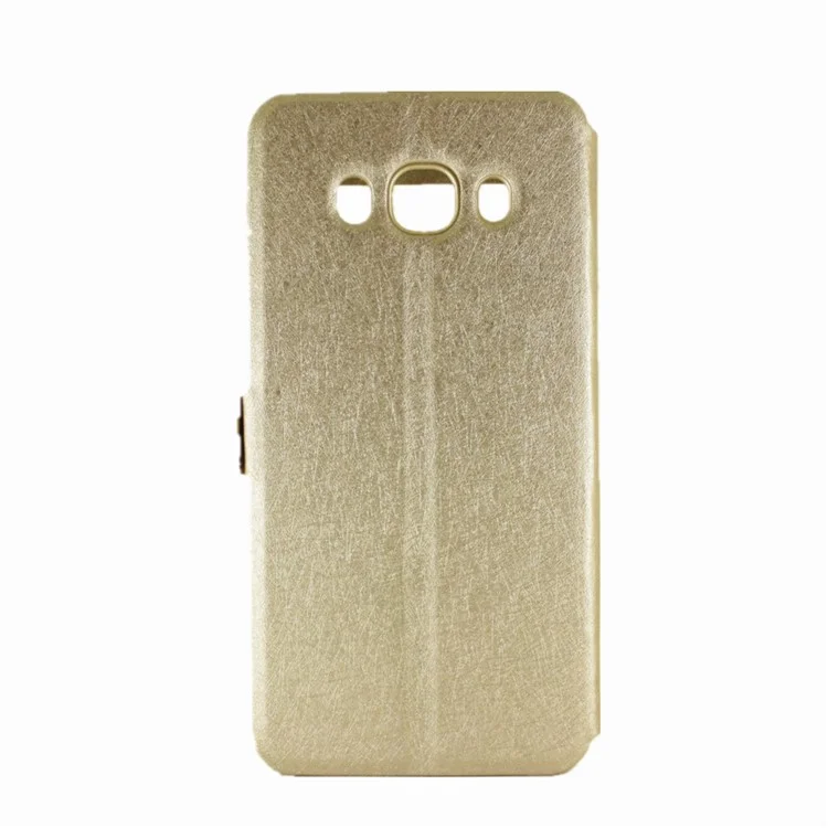 For Samsung Galaxy J7 (2016) Silk Texture Dual View Windows Leather Stand Flip Phone Case - Gold