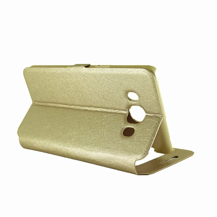 For Samsung Galaxy J7 (2016) Silk Texture Dual View Windows Leather Stand Flip Phone Case - Gold