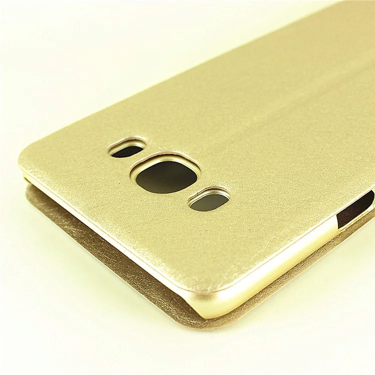 For Samsung Galaxy J7 (2016) Silk Texture Dual View Windows Leather Stand Flip Phone Case - Gold