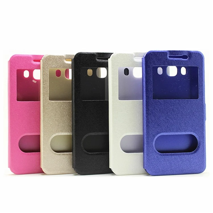 For Samsung Galaxy J7 (2016) Silk Texture Dual View Windows Leather Stand Flip Phone Case - Gold