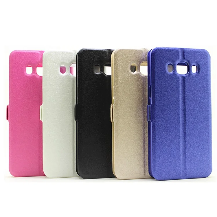For Samsung Galaxy J7 (2016) Silk Texture Dual View Windows Leather Stand Flip Phone Case - Gold