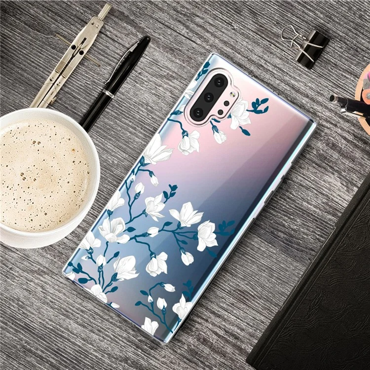 Pattern Printing Extremely Clear TPU Phone Cover Case for Samsung Galaxy Note 10 Plus/Note 10 Plus 5G - White Flower