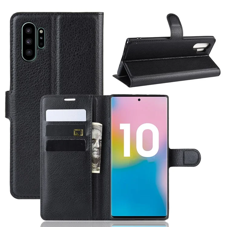 Litchi Texture Wallet Кожаная Телефонная Крышка Телефона Для Samsung Galaxy Note 10 Plus/Note 10 Плюс 5G - Черный