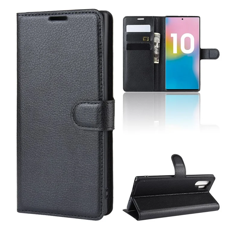 Litchi Texture Wallet Cheather Telefone Para Samsung Galaxy Note 10 Plus/Note 10 Plus 5G - Preto