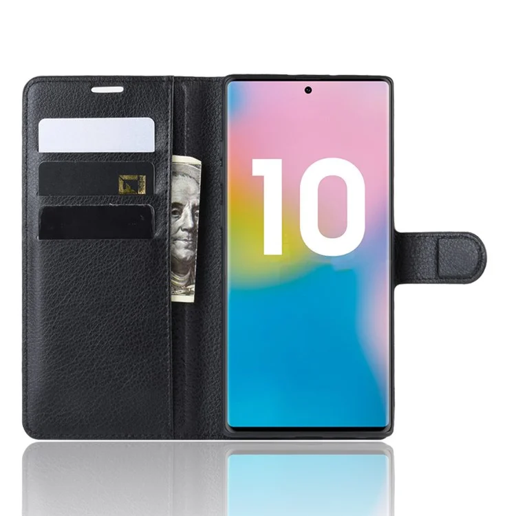 Litchi Texture Wallet Кожаная Телефонная Крышка Телефона Для Samsung Galaxy Note 10 Plus/Note 10 Плюс 5G - Черный