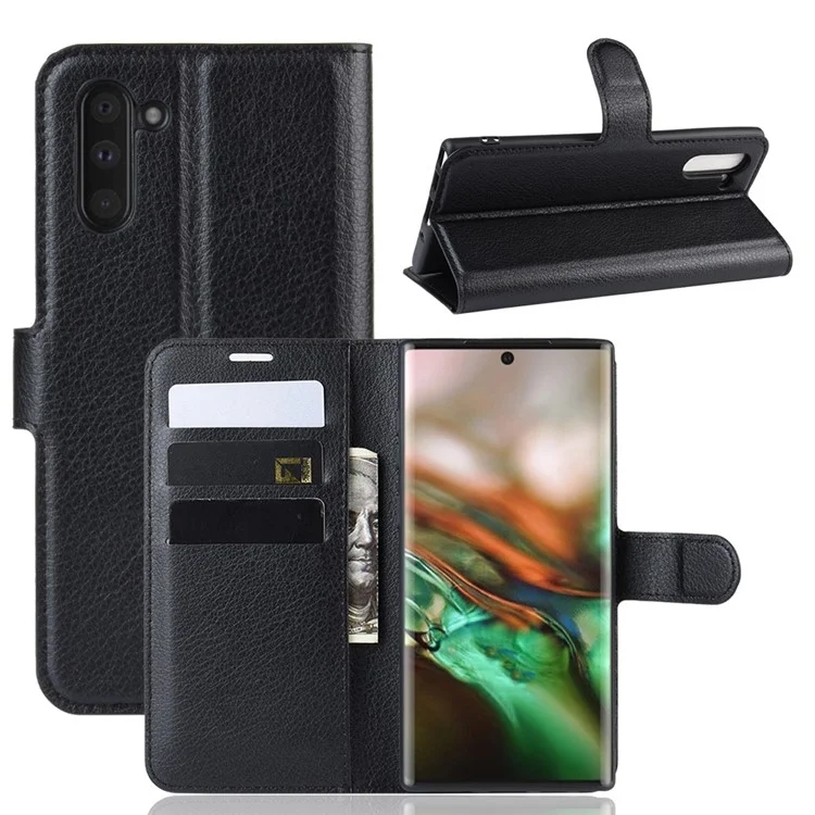 Litchi Texture Wallet Leather Phone Cover for Samsung Galaxy Note 10/Note 10 5G - Black