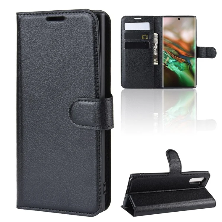 Litchi Texture Wallet Leather Phone Cover for Samsung Galaxy Note 10/Note 10 5G - Black