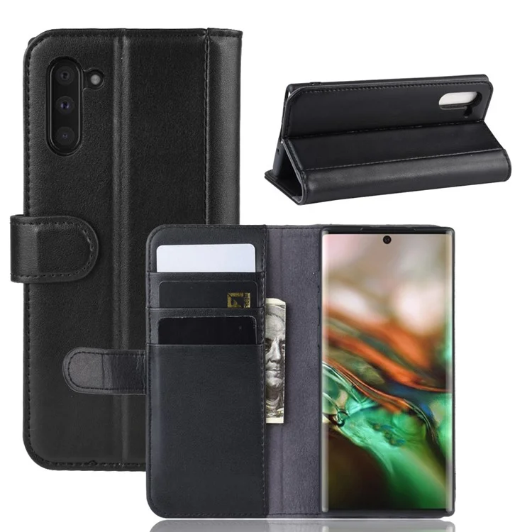 Funda de Cubierta de la Billetera de Cuero de Cuero Dividido Genuino Con Soporte Para Samsung Galaxy Note 10 - Negro