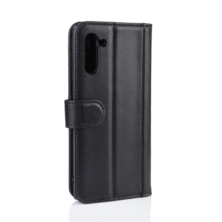 Genuine Split Leather Wallet Phone Shell Cover Case with Stand for Samsung Galaxy Note 10 - Black