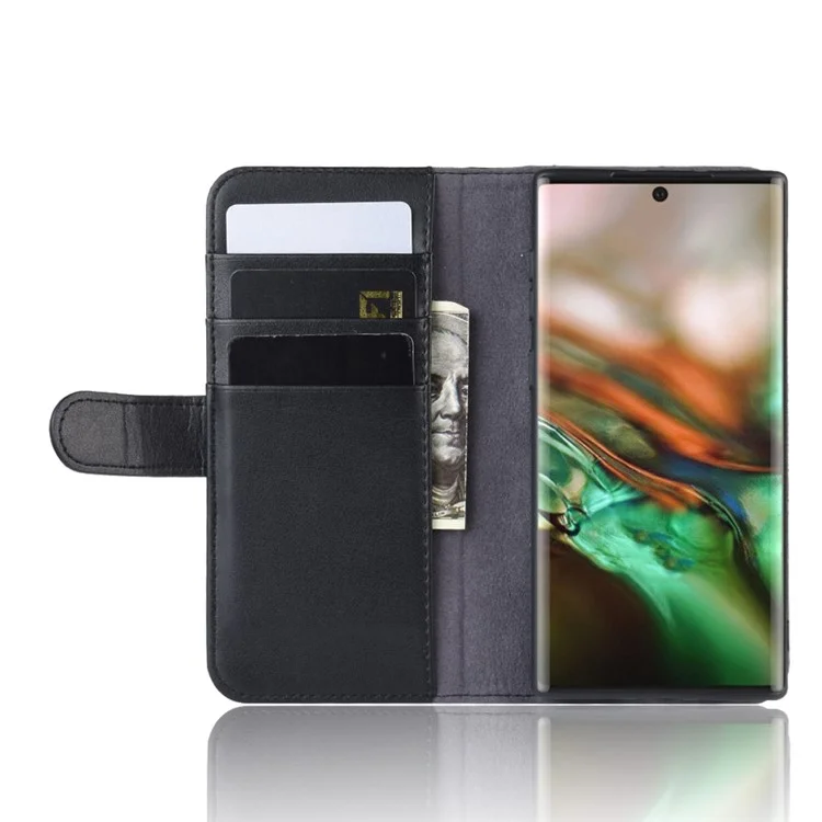 Echte Geteilte Leder -brieftaschen -telefon -shell -abdeckhülle Mit Ständer Für Samsung Galaxy Note 10 - Schwarz