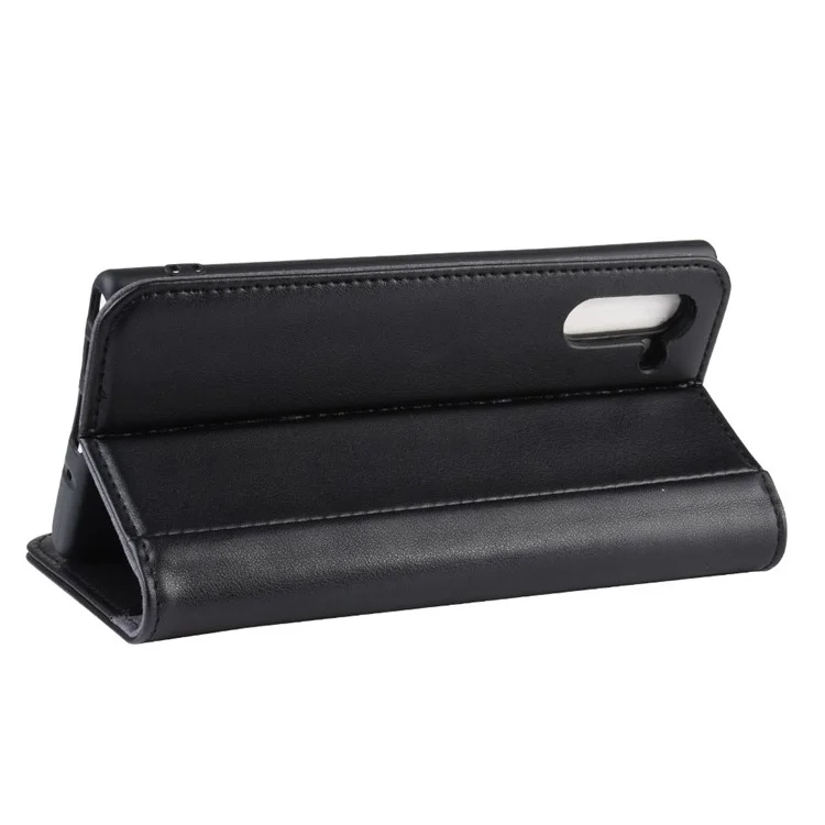 Genuine Split Leather Wallet Phone Shell Cover Case with Stand for Samsung Galaxy Note 10 - Black