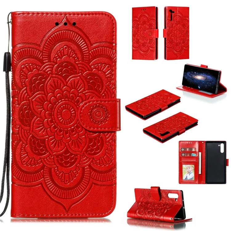 Imprint Mandala Stylish Flower Leather Wallet Shell Case for Samsung Galaxy Note 10 / Note 10 5G - Panda - Red
