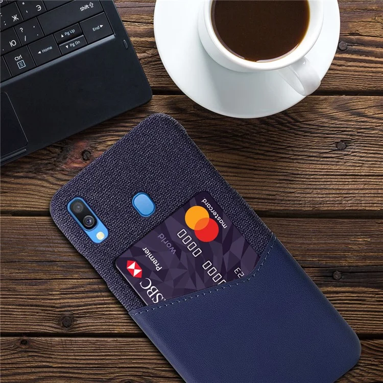 KSQ PC + PU + Cloth Hybrid Phone Back Cover Case with Card Slot for Samsung Galaxy A40 - Blue