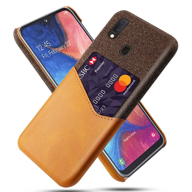 Étui de Carte de Fente Hybride en PC + PU + Tissu pour Samsung Galaxy A20e - Orange