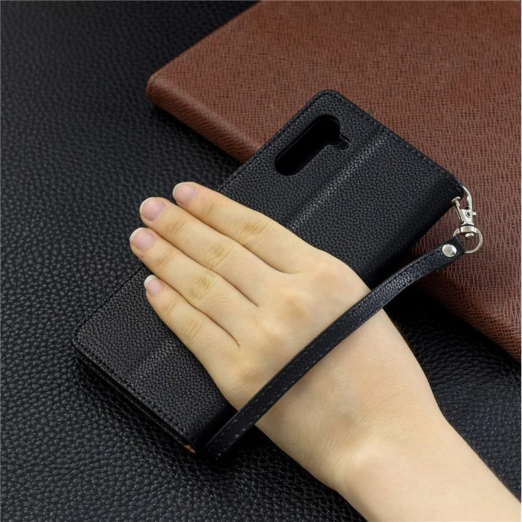 Litchi Texture Leather Stand Stand Caso Com Strap For Samsung Galaxy Note 10/Galaxy Note 10 5G - Preto