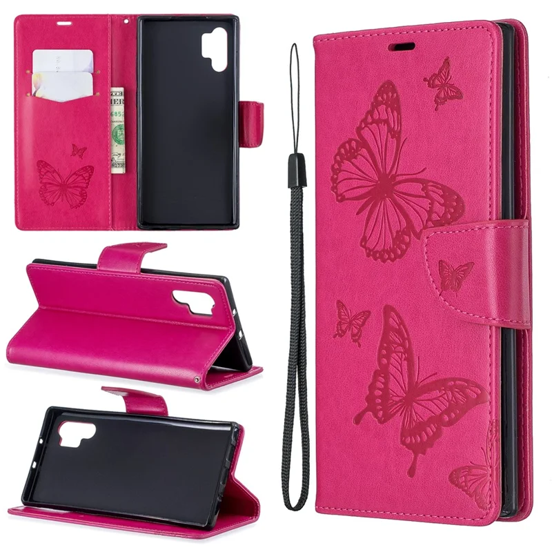 Imprint Butterfly Leather Wallet Phone Shell for Samsung Galaxy Note 10 Plus/Note 10 Plus 5G - Rose