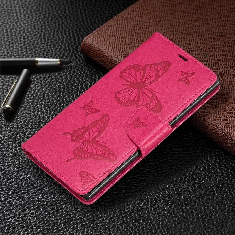 Imprint Butterfly Leather Wallet Phone Shell for Samsung Galaxy Note 10 Plus/Note 10 Plus 5G - Rose