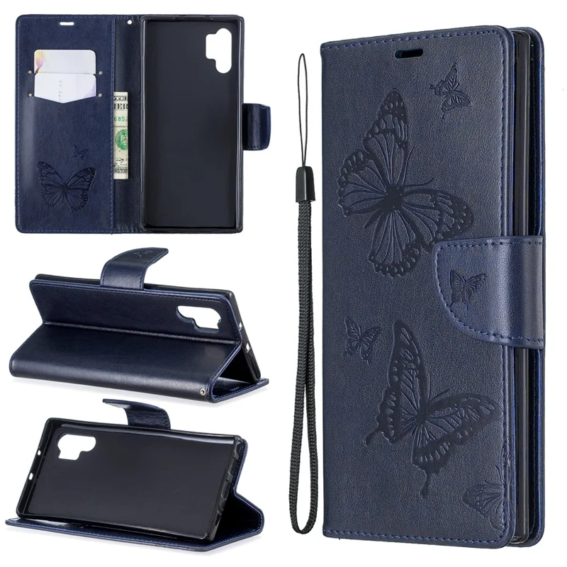 Imprint Butterfly Leather Wallet Phone Shell for Samsung Galaxy Note 10 Plus/Note 10 Plus 5G - Blue