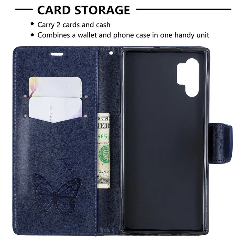 Imprint Butterfly Leather Wallet Phone Shell for Samsung Galaxy Note 10 Plus/Note 10 Plus 5G - Blue