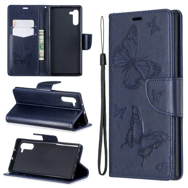 Imprint Butterfly Leather Wallet Phone Case for Samsung Galaxy Note 10/Galaxy Note 10 5G - Blue