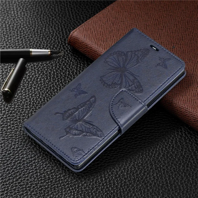 Imprint Butterfly Leather Wallet Phone Case for Samsung Galaxy Note 10/Galaxy Note 10 5G - Blue