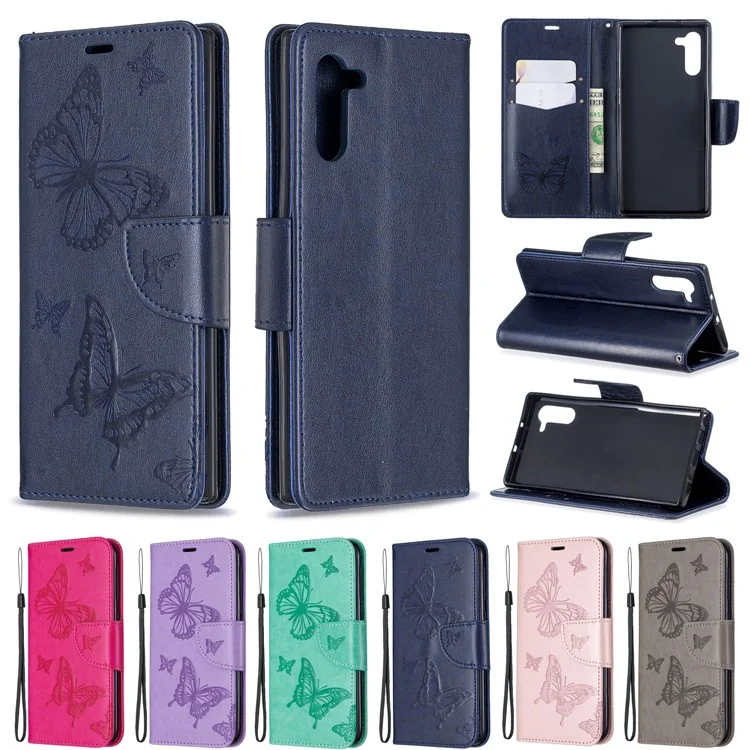 Imprint Butterfly Leather Wallet Phone Case for Samsung Galaxy Note 10/Galaxy Note 10 5G - Blue