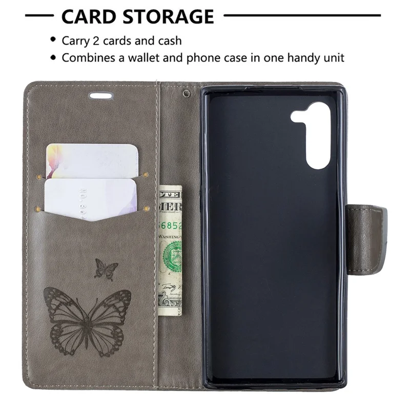 Imprint Butterfly Leather Wallet Phone Case for Samsung Galaxy Note 10/Galaxy Note 10 5G - Grey