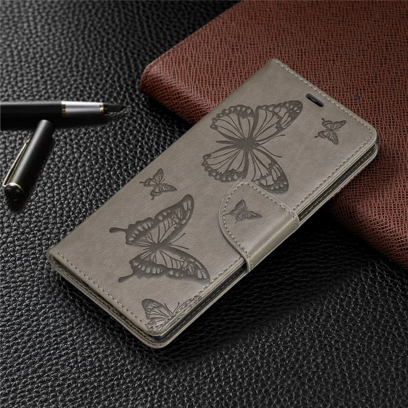 Imprint Butterfly Leather Wallet Phone Case for Samsung Galaxy Note 10/Galaxy Note 10 5G - Grey
