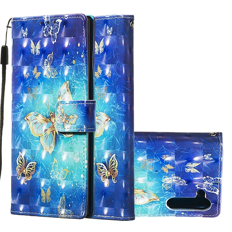 Estilo de Impresión 3D Serie Stand Cuero Cover de la Billetera de Cuero Para Samsung Galaxy Note 10 / Nota 10 5G - Mariposa Dorada y Azul