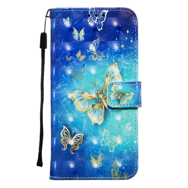 Estilo de Impresión 3D Serie Stand Cuero Cover de la Billetera de Cuero Para Samsung Galaxy Note 10 / Nota 10 5G - Mariposa Dorada y Azul