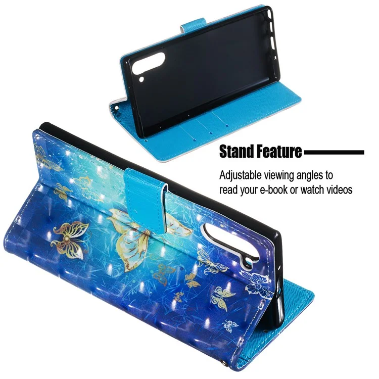 Estilo de Impresión 3D Serie Stand Cuero Cover de la Billetera de Cuero Para Samsung Galaxy Note 10 / Nota 10 5G - Mariposa Dorada y Azul