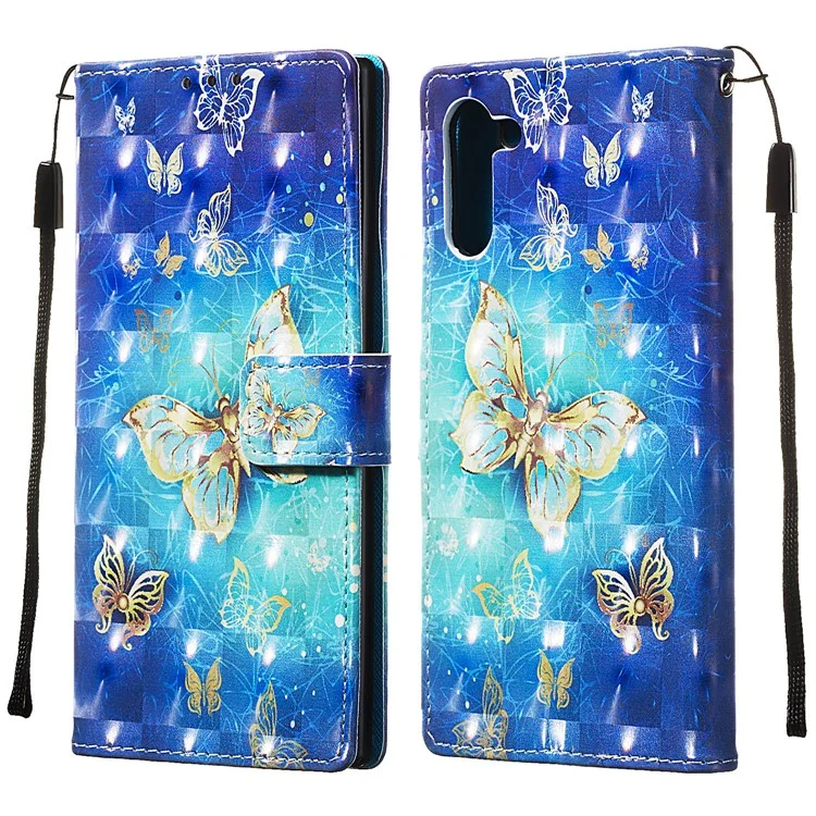 Estilo de Impresión 3D Serie Stand Cuero Cover de la Billetera de Cuero Para Samsung Galaxy Note 10 / Nota 10 5G - Mariposa Dorada y Azul