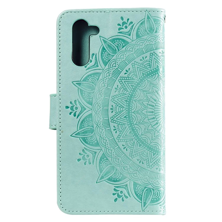 Abdruck Blumenleder Brieftasche Hülle Für Samsung Galaxy Note 10 / Anmerkung 10 5g - Cyan