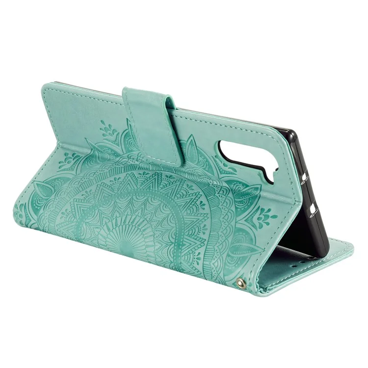 Abdruck Blumenleder Brieftasche Hülle Für Samsung Galaxy Note 10 / Anmerkung 10 5g - Cyan