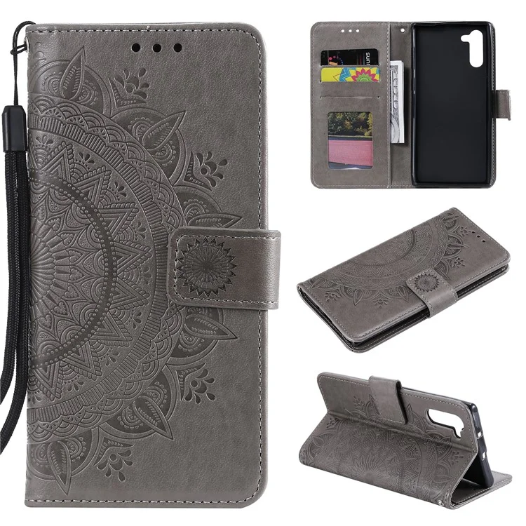 Imprint Flower Leather Wallet Case for Samsung Galaxy Note 10 / Note 10 5G - Grey