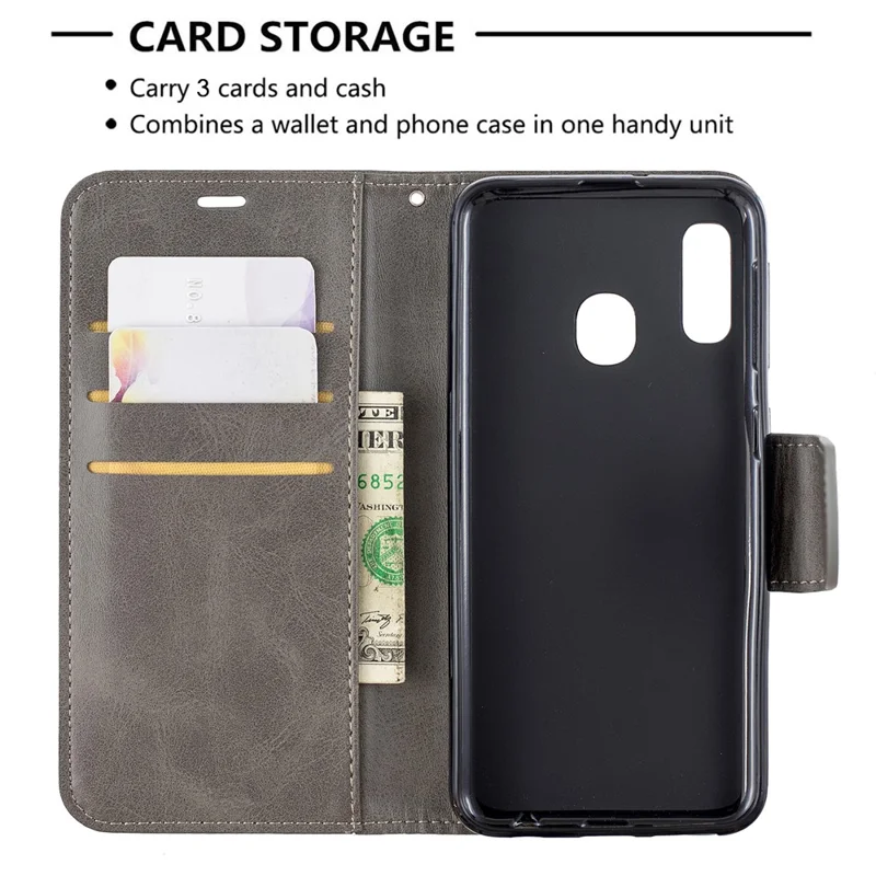 PU Leather Wallet Stand Phone Shell Cover for Samsung Galaxy A20e - Grey