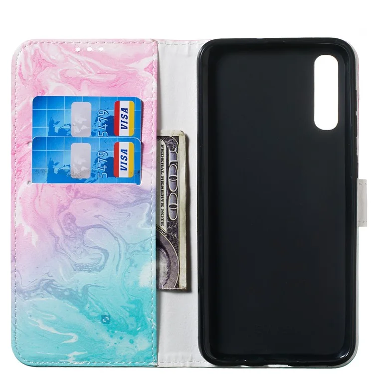 Carteira de Couro com Estampa de Mármore, Capa Protetora com Suporte para Samsung Galaxy A50/A50s/A30s - Rosa e Azul