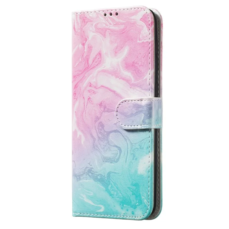 Carteira de Couro com Estampa de Mármore, Capa Protetora com Suporte para Samsung Galaxy A50/A50s/A30s - Rosa e Azul