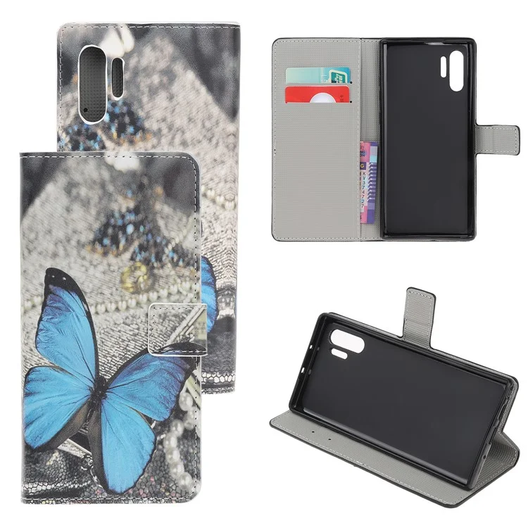 Musterdruckende PU-Leder-Geldbörse Ständer Handyhülle für Samsung Galaxy Note 10 Plus/10 Plus 5G - Blaue Schmetterlinge