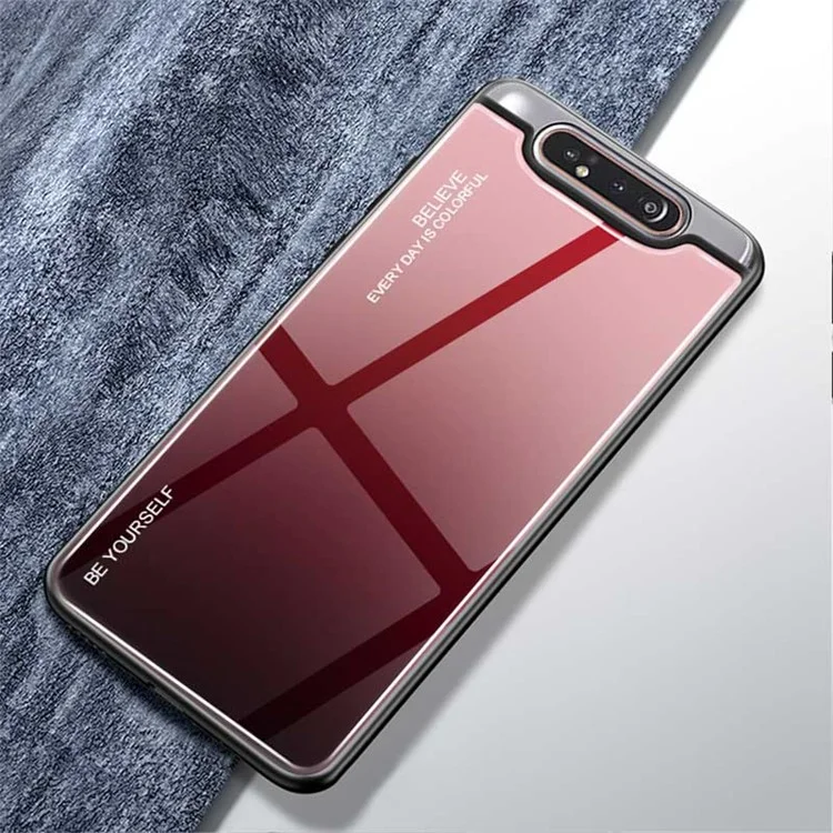 Custodia ibrida in vetro temperato a gradiente di colore + PC + TPU per Samsung Galaxy A80/A90 - Rosso
