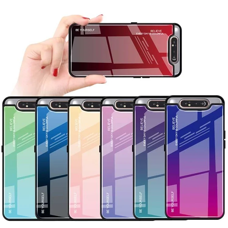 Custodia ibrida in vetro temperato a gradiente di colore + PC + TPU per Samsung Galaxy A80/A90 - Rosso